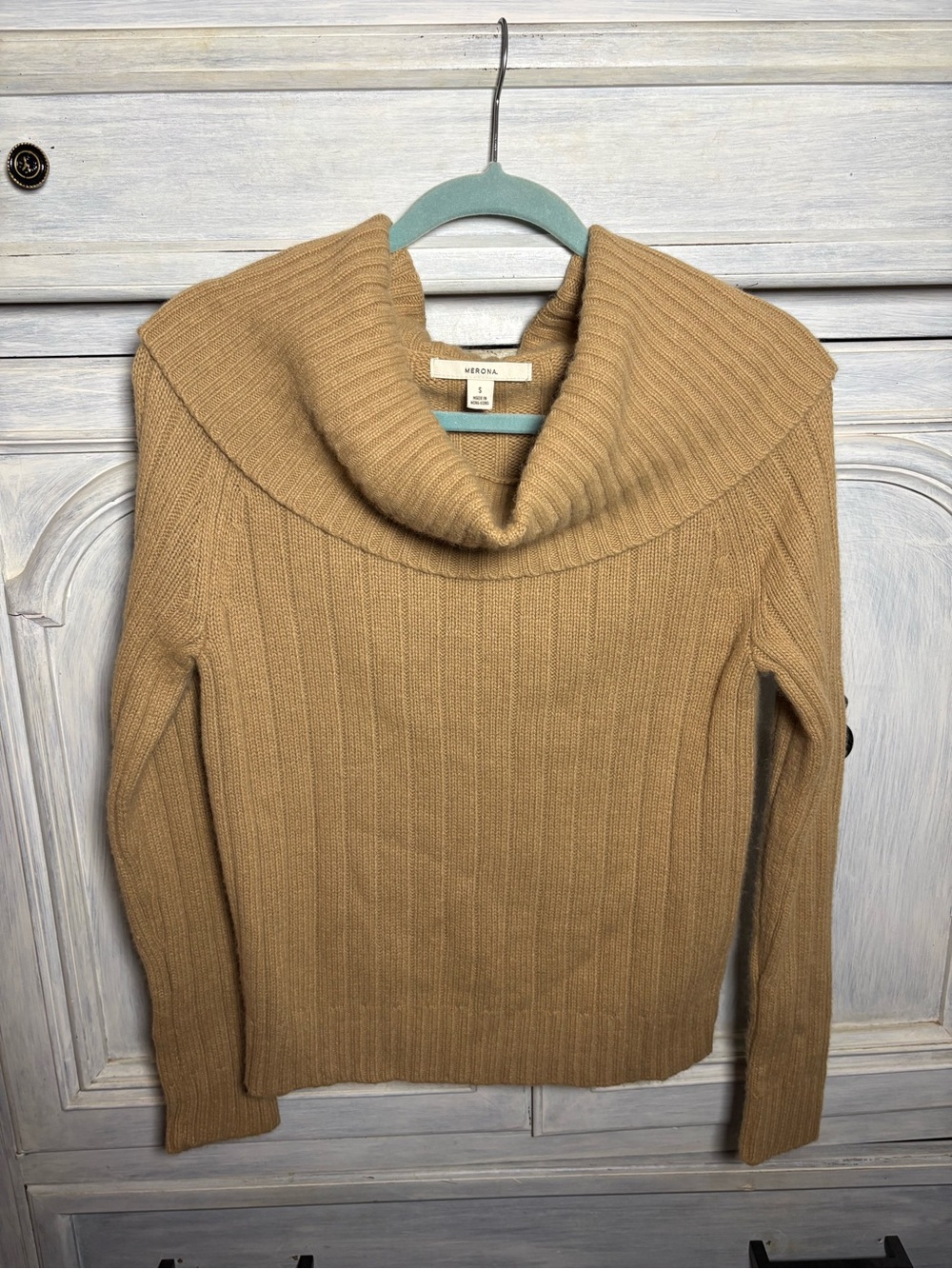 Y2K Merona Camel Ribbed Chunky Off Shoulder Sweater Angora Cozy Soft Luxe